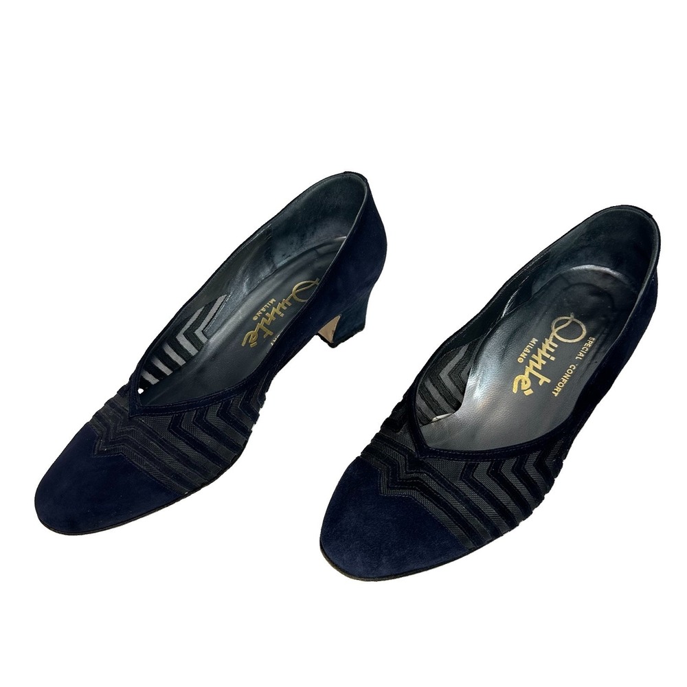 Vintage Quinte Milano Navy Suede Mesh Pumps Heels Italy Special Comfort 38.5/8.5